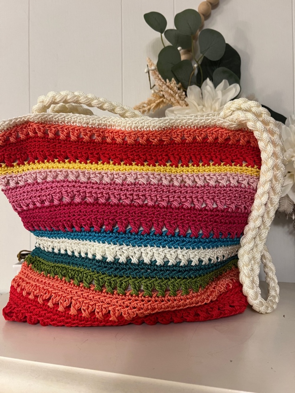 croft & barrow Multicolor Striped Crochet Shoulder Bag with Cream Rope Strap